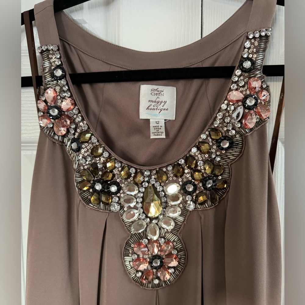 Suzi Chin - Size 12 Taupe/Mauve Jeweled mini swing dress with tie waist - Picture 5 of 5